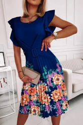 Plissee-Midikleid mit Rüschen und Rundhalsausschnitt